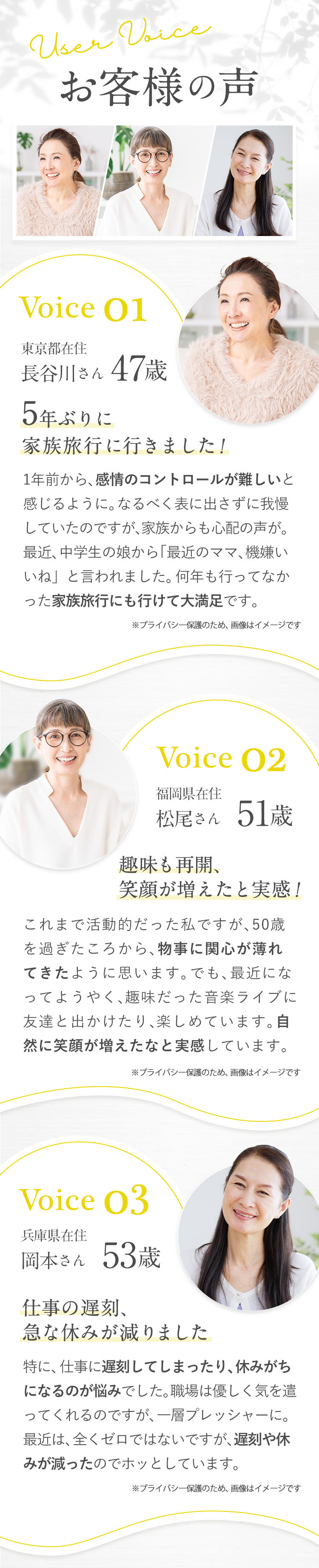 お客様の声　①東京都在住　長谷川さん（47歳）「5年ぶりに家族旅行に行きました」1年前から、感情のコントロールが難しいと感じるように。なるべく表に出さずに我慢していたのですが、家族からも心配の声が。最近、中学生の娘から「最近のママ、機嫌いいね」と言われました。何年も行ってなかった家族旅行にも行けて大満足です。　②福岡県在住　松尾さん（51歳）「趣味も再開、笑顔が増えたと実感」これまで活動的だった私ですが、50歳を過ぎたころから、物事に関心が薄れてきたように思います。でも、最近になってようやく、趣味だった音楽ライブに友達と出かけたり、楽しめています。自然に笑顔が増えたなと実感しています。　③兵庫県在住　岡本さん（53歳）「仕事の遅刻、急な休みが減りました」特に、仕事に遅刻してしまったり、休みがちになるのが悩みでした。職場は優しく気を遣ってくれるのですが、一層プレッシャーに。最近は、全くゼロではないですが、遅刻や休みが減ったのでホッとしています。