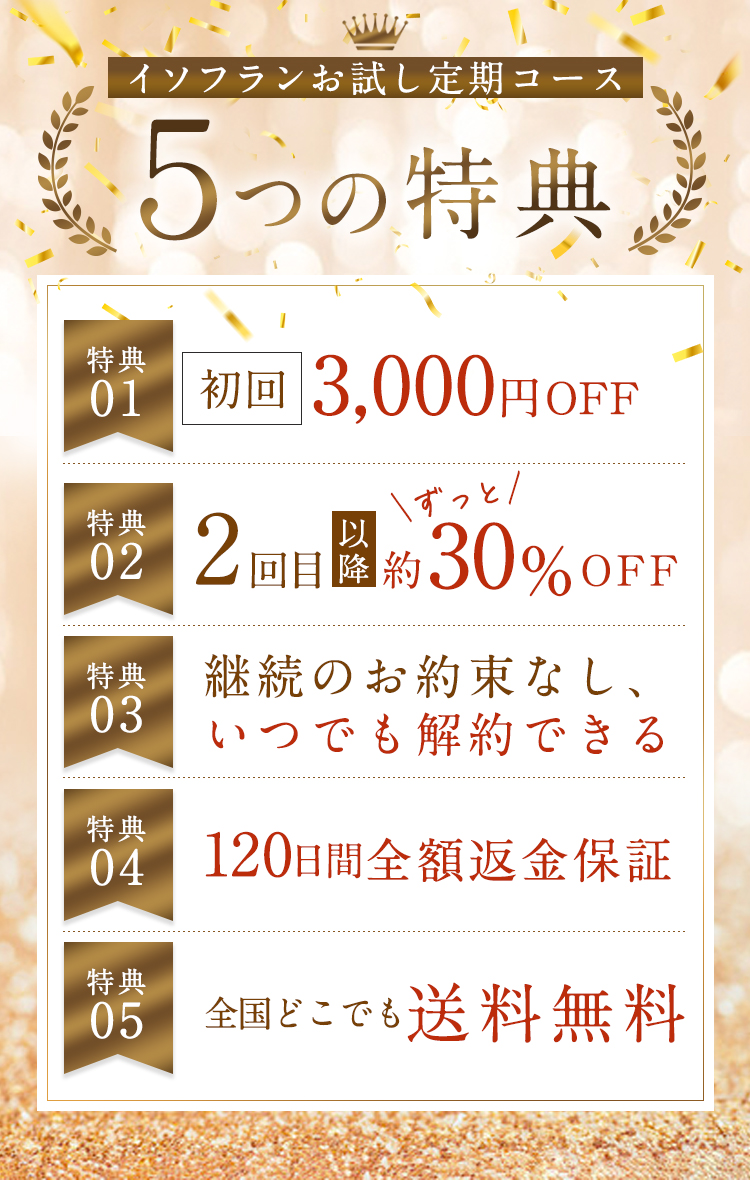 【イソフランお試しコース】５つの特典　①初回3,000円OFF　②2回目以降ずっと約30%OFF　③継続のお約束なし、いつでも解約できる　④120日間全額返金保証　⑤全国どこでも送料無料